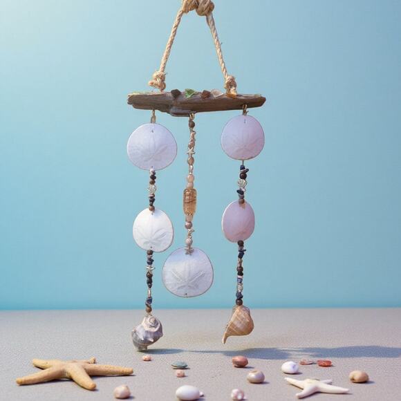 Coastal Wind Chime/Mobile Natural Driftwood, Sea Glass, Sand Dollars Handmade - Picture 4 of 5